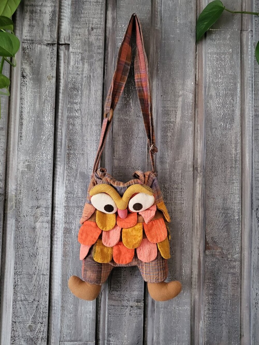NWOT Cute Owl Patchwork Crossbody Bag Plaid 100% Cotton Boho Purse Adjustable